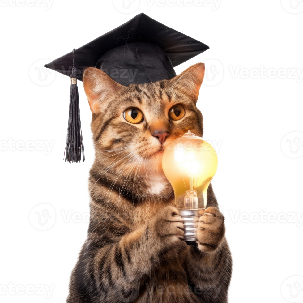 Cat full body wearing graduate cap and holding light bulb isolate on transparency background png