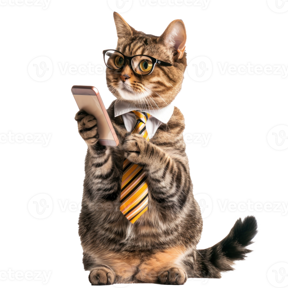 cat wearing glasses and tie using smart phone, full body standing isolate on transparency background, png