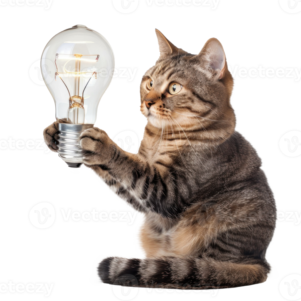 Cat holding light bulb, full body isolate on transparency background, png