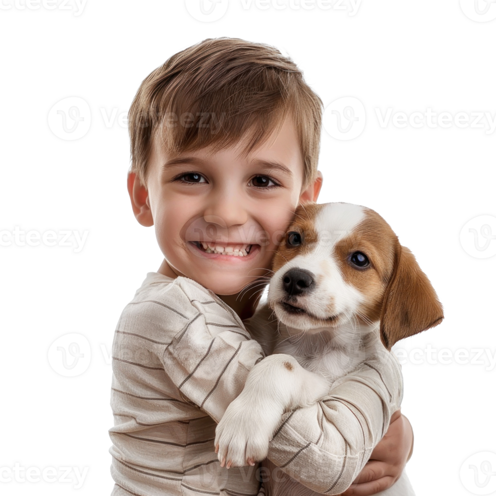 Smiling Little boy holding a Dog isolate on white background png