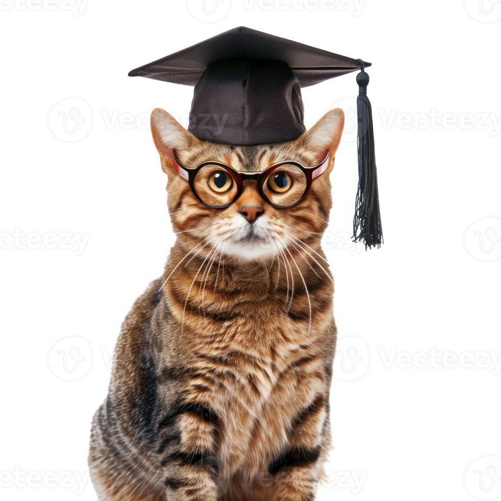 cat wearing glasses and graduate cap, full body standing isolate on transparency background, png