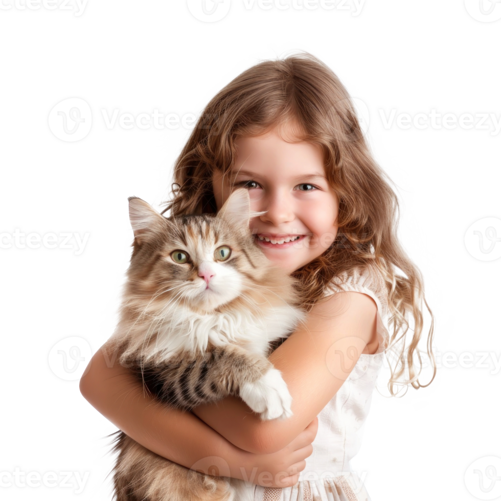Smiling Little girl holding a Cat full body isolate on transparency background png