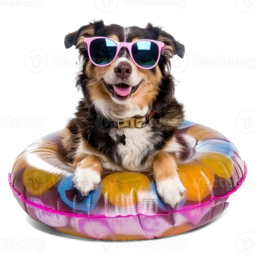 Smiling dog wearing sunglasses with inflatable float pool isolate on transparency background png