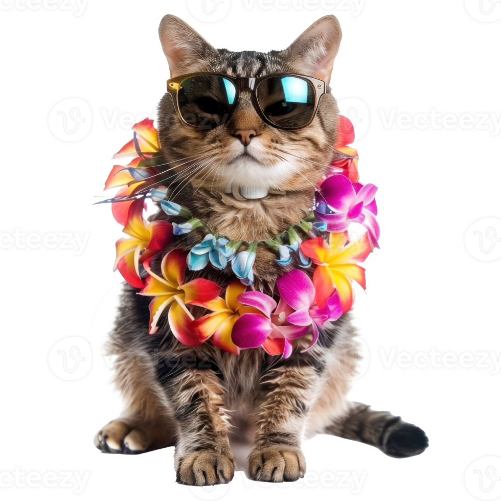 tourist cat wearing sunglasse with hawaiian lei, full body standing isolate on transparency background png