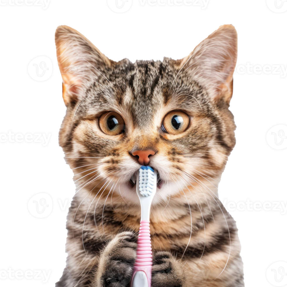 Cat holding toothbrush with his mouth isolate on transparency background, png
