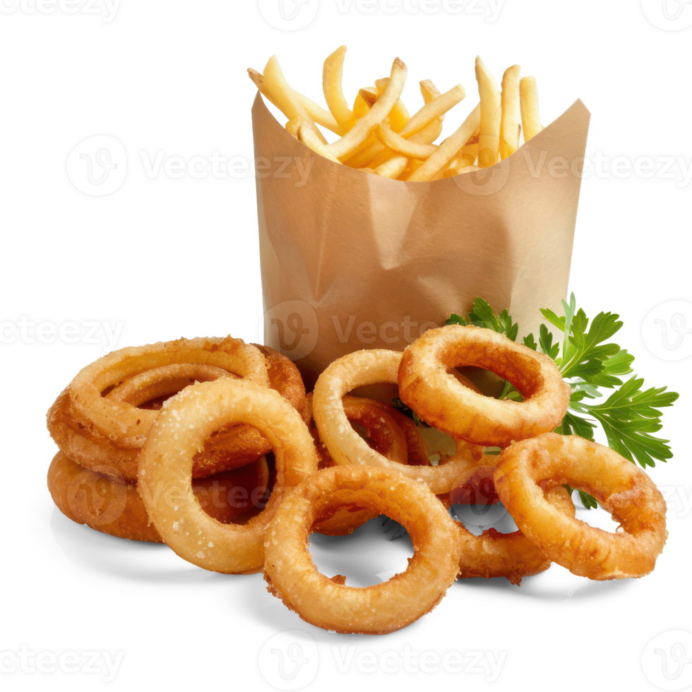 fries and onion rings in a paper bag on a transparency background png