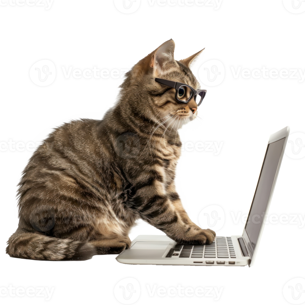 side view of cat wearing glasses while using laptop isolate on transparency background png