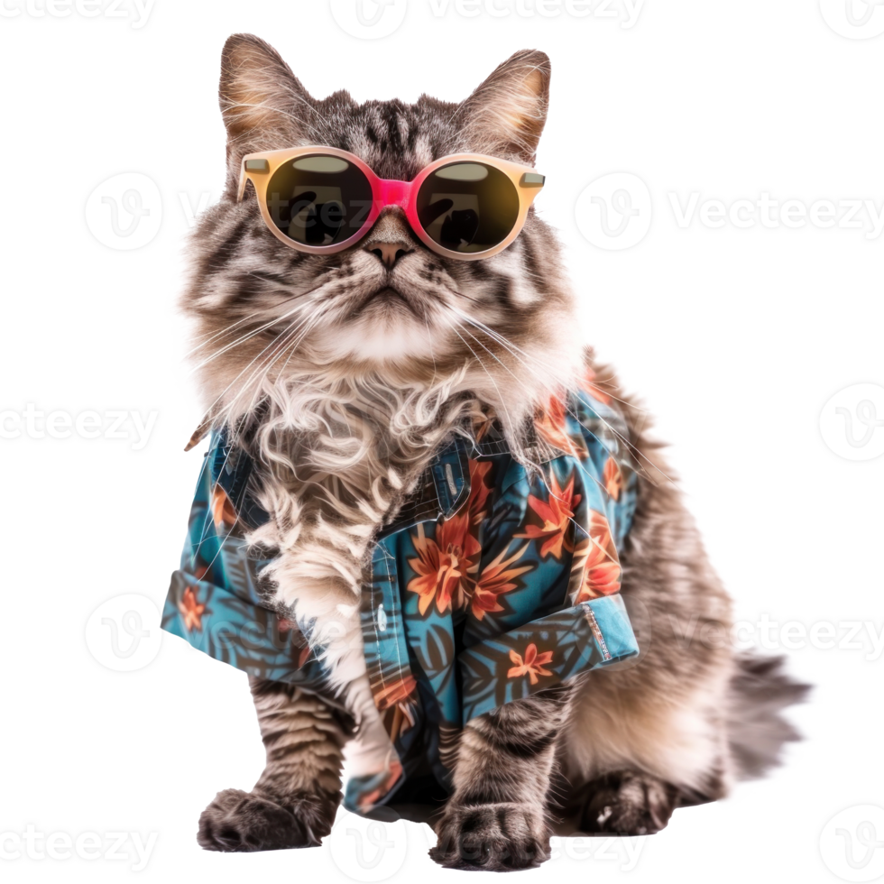 Cat wearing summer shirt and sunglasses, full body standing isolate on transparency background png