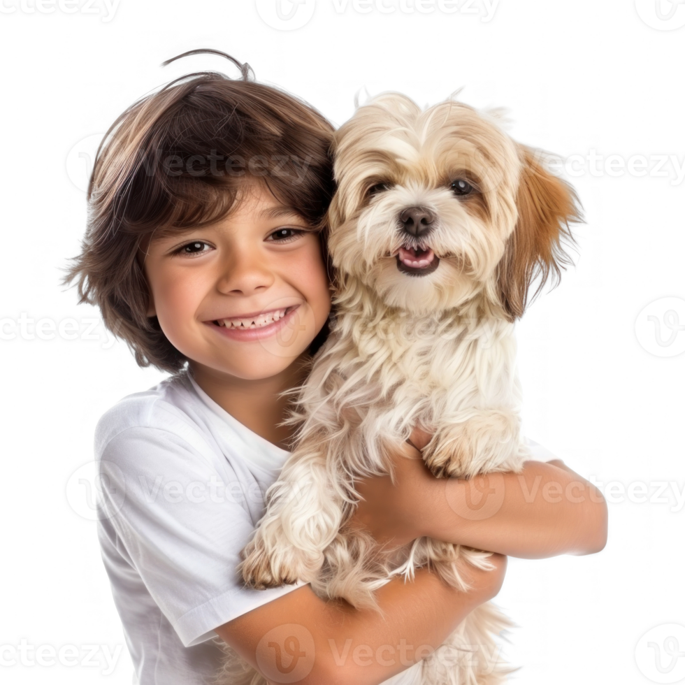 Smiling Little boy holding a Dog full body isolate on transparency background png