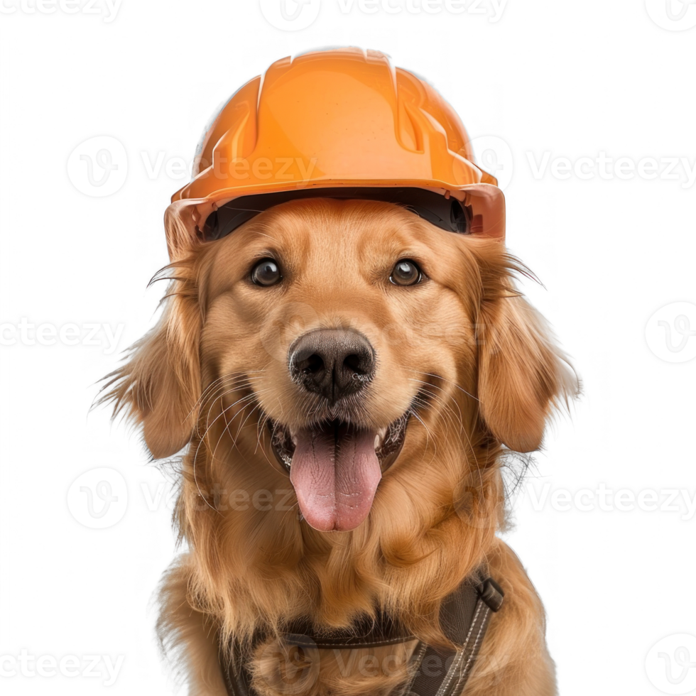 Smiling dog wearing construction helmet, full body isolate on transparency background png