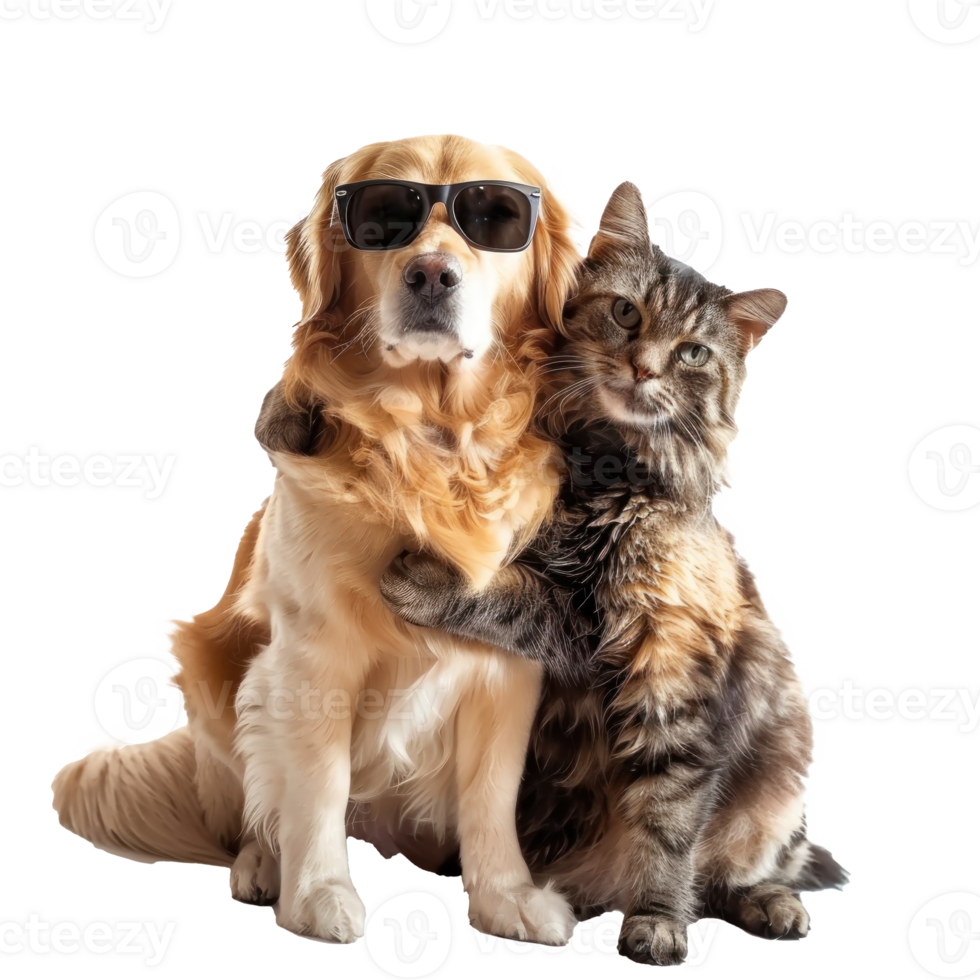 Dog and cat wearing sunglasses and hugging each other, full body isolate on white background png