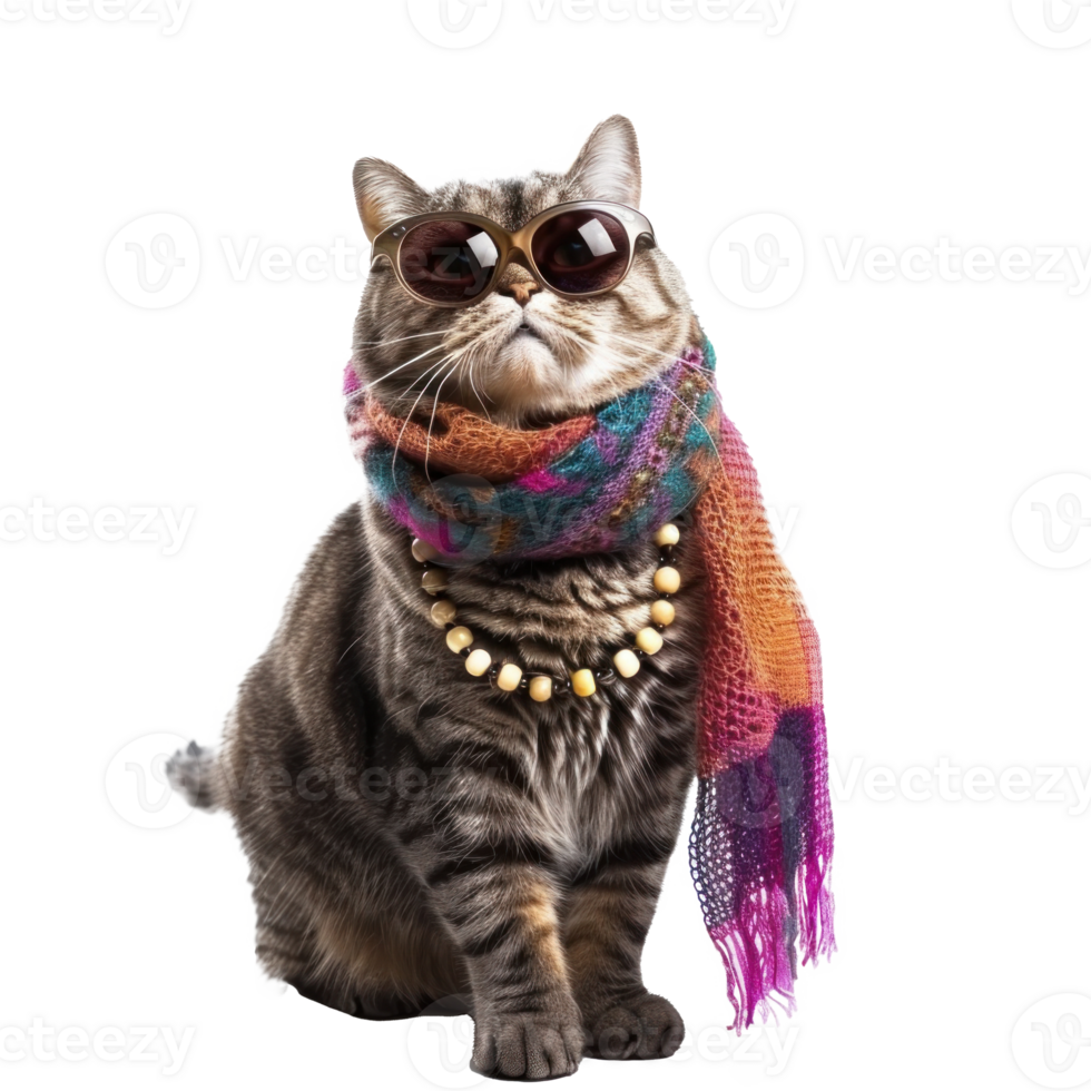 Fashion female cat wearing scarf and necklace with sunglasses, full body standing isolate on transparency background png