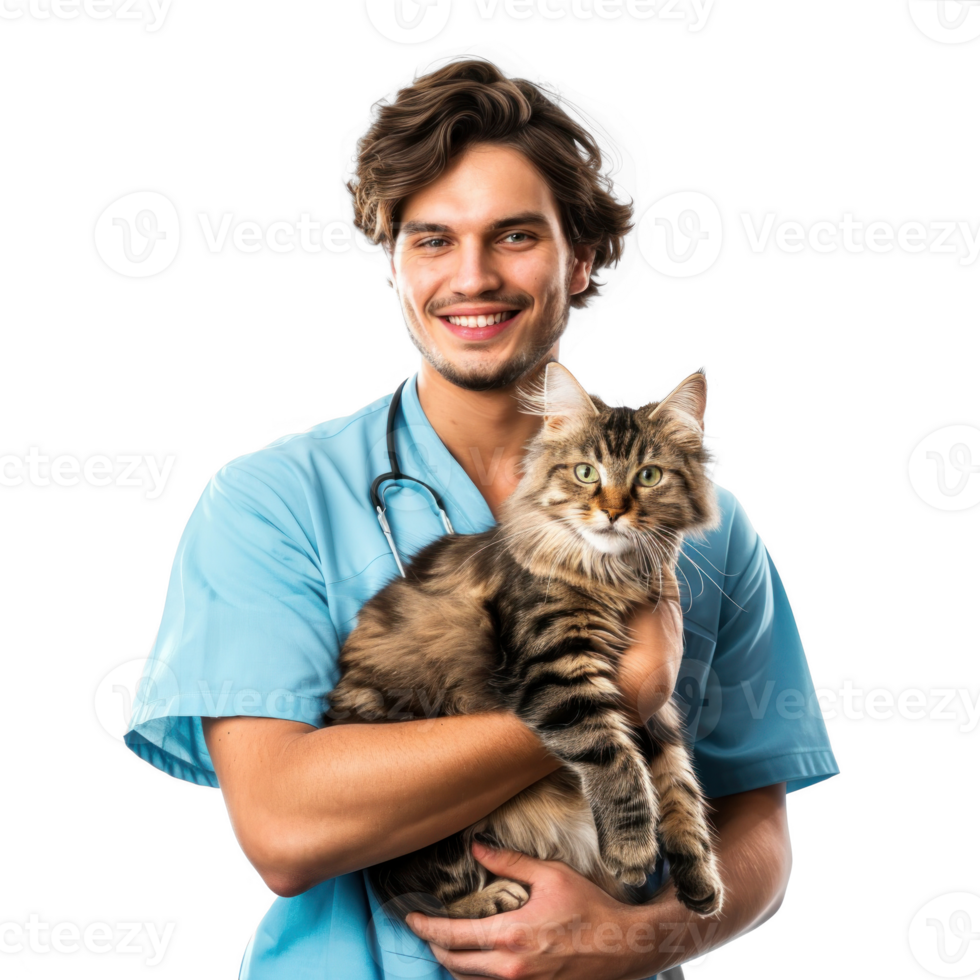 Smiling vet holding a cat isolate on white background png