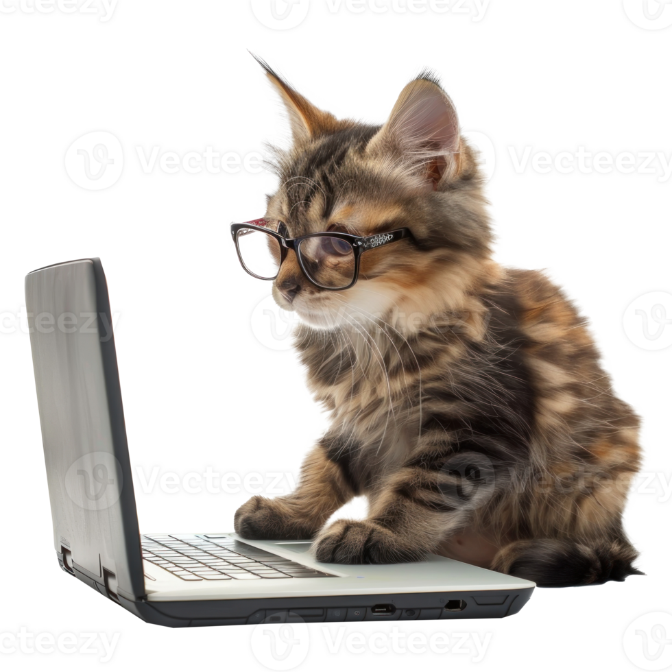 cat wearing glasses using laptop isolate on white background png