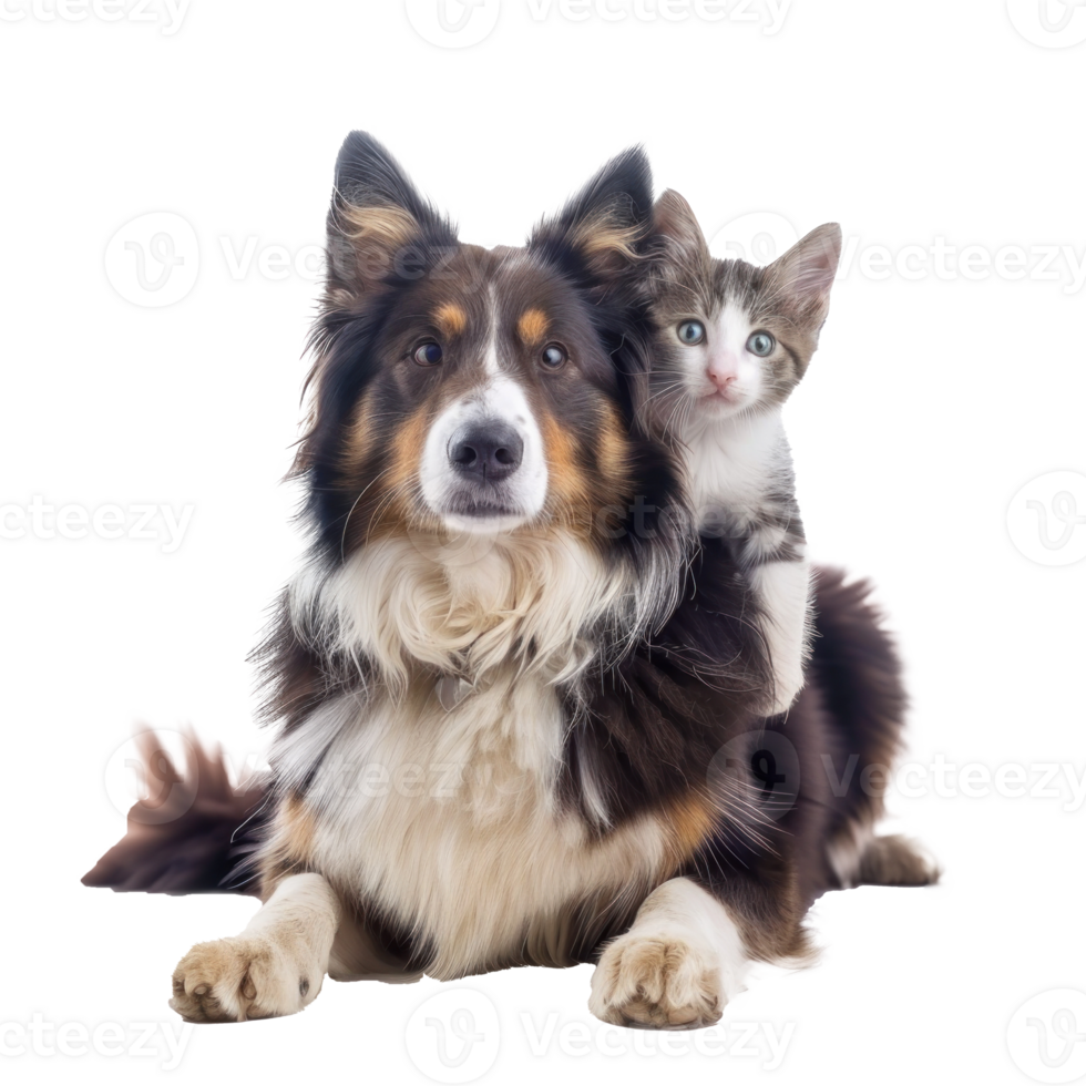 Smiling Small cat sitting on the dog, full body isolate on white background png