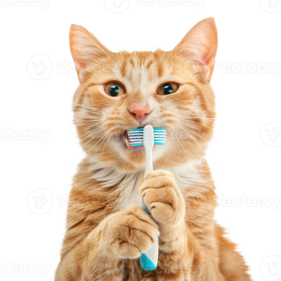 Cat holding toothbrush with his mouth isolate on white background png