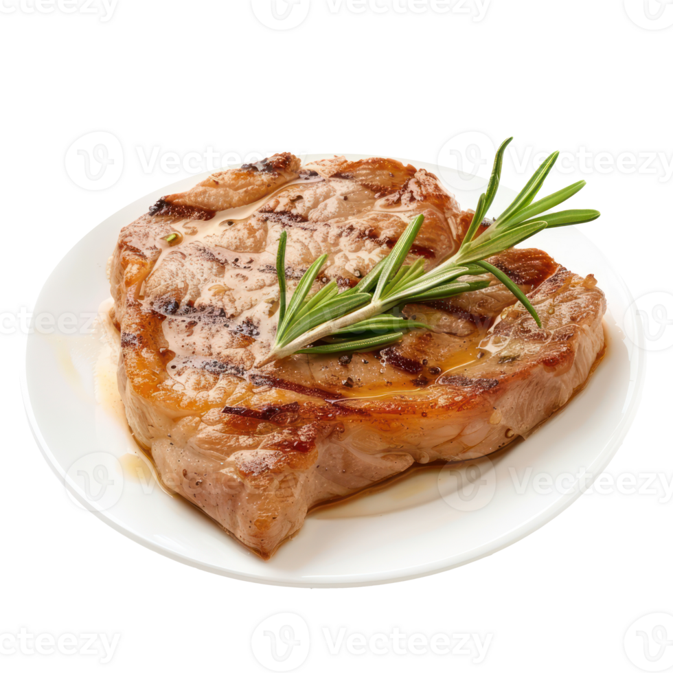 grilled pork steak with rosemary sprig on white plate png