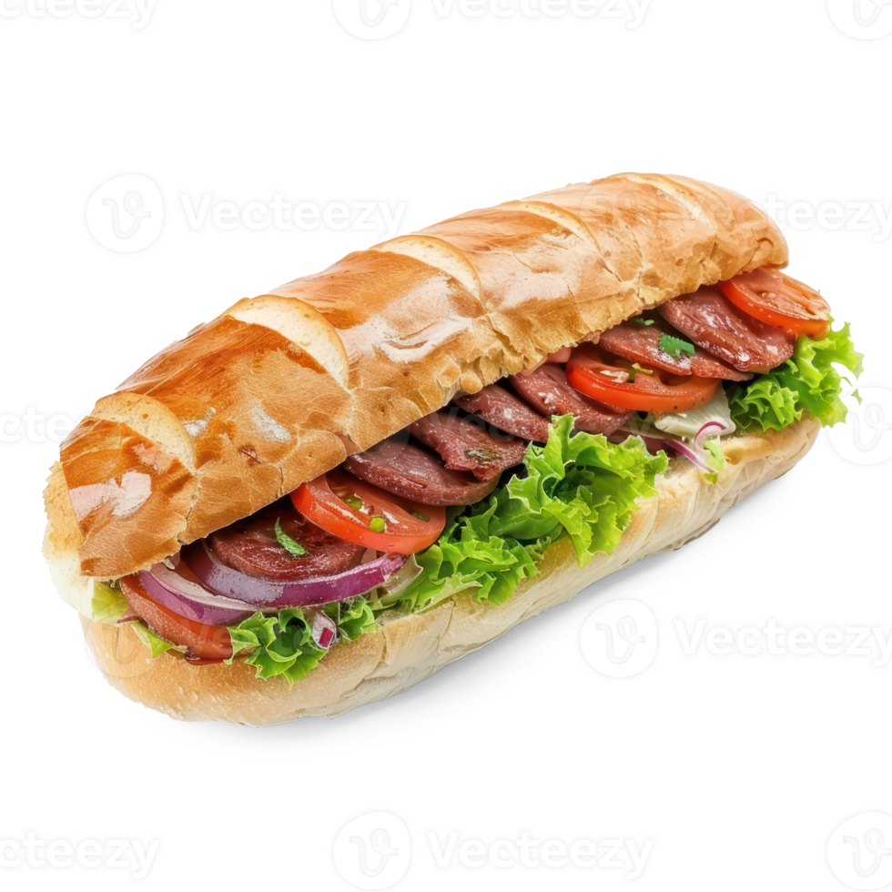 a sandwich with meat and vegetables on a transparent background png
