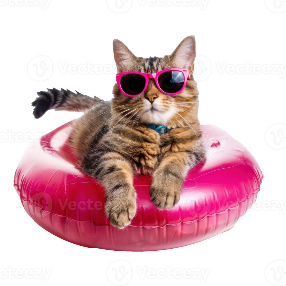 Smiling cat wearing sunglasses with inflatable float pool isolate on white background png