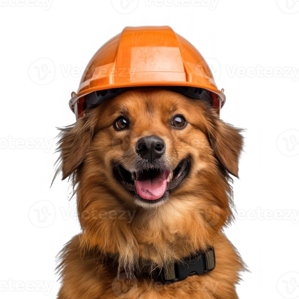 Smiling dog wearing construction helmet, full body isolate on white background png