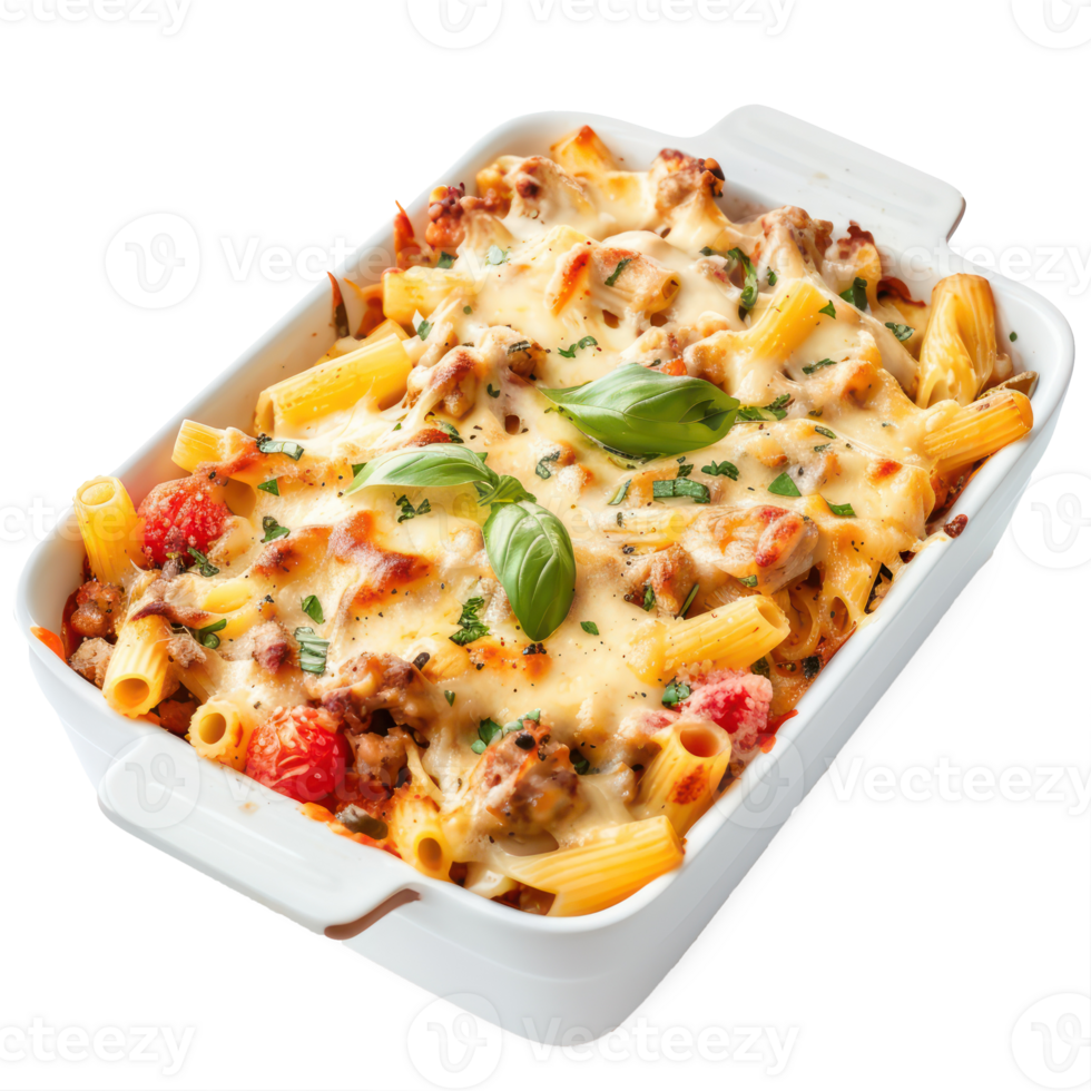 cheese and meat pasta bake in a white dish on a transparent background png