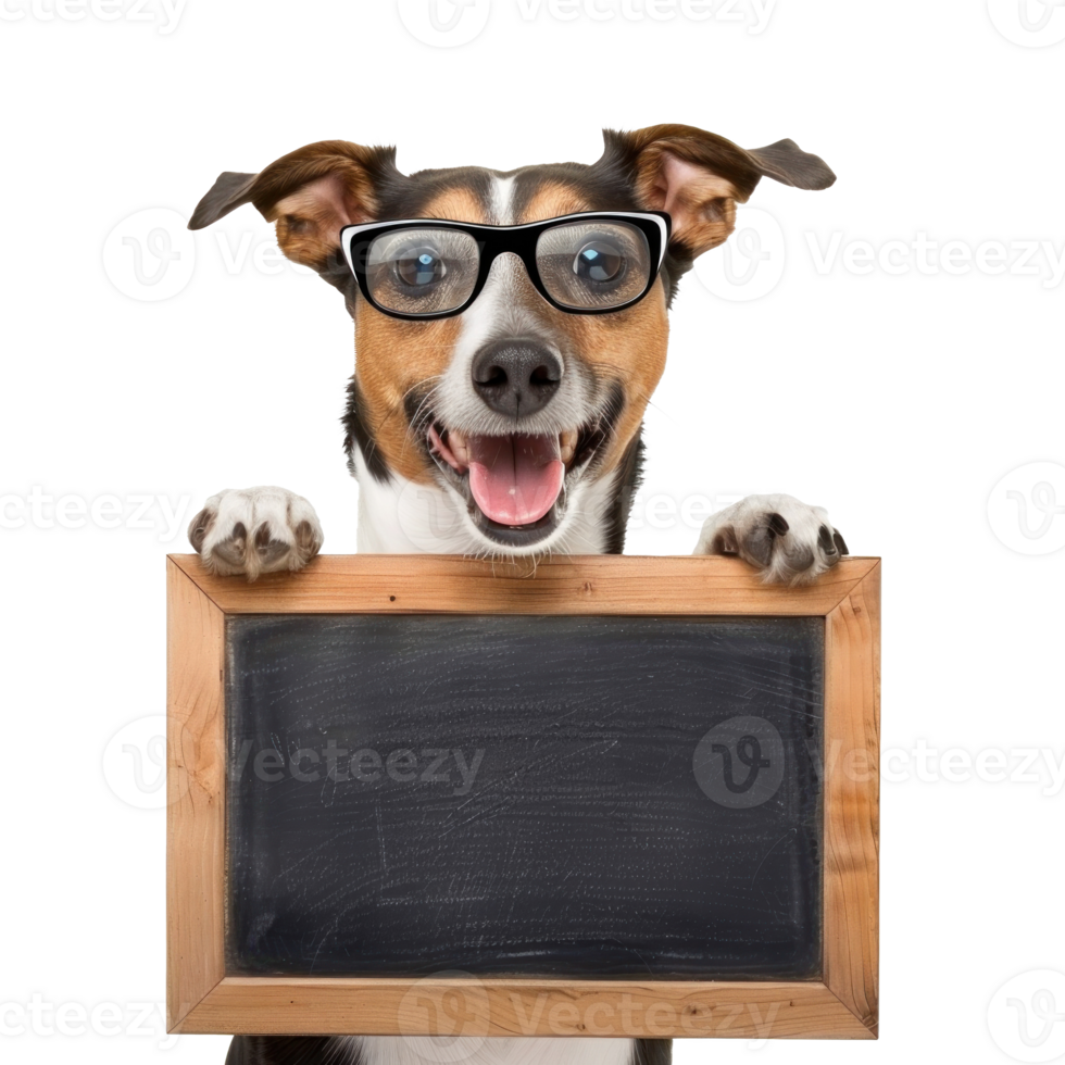 dog wearing glasses holding chalkboard isolate on white background, png