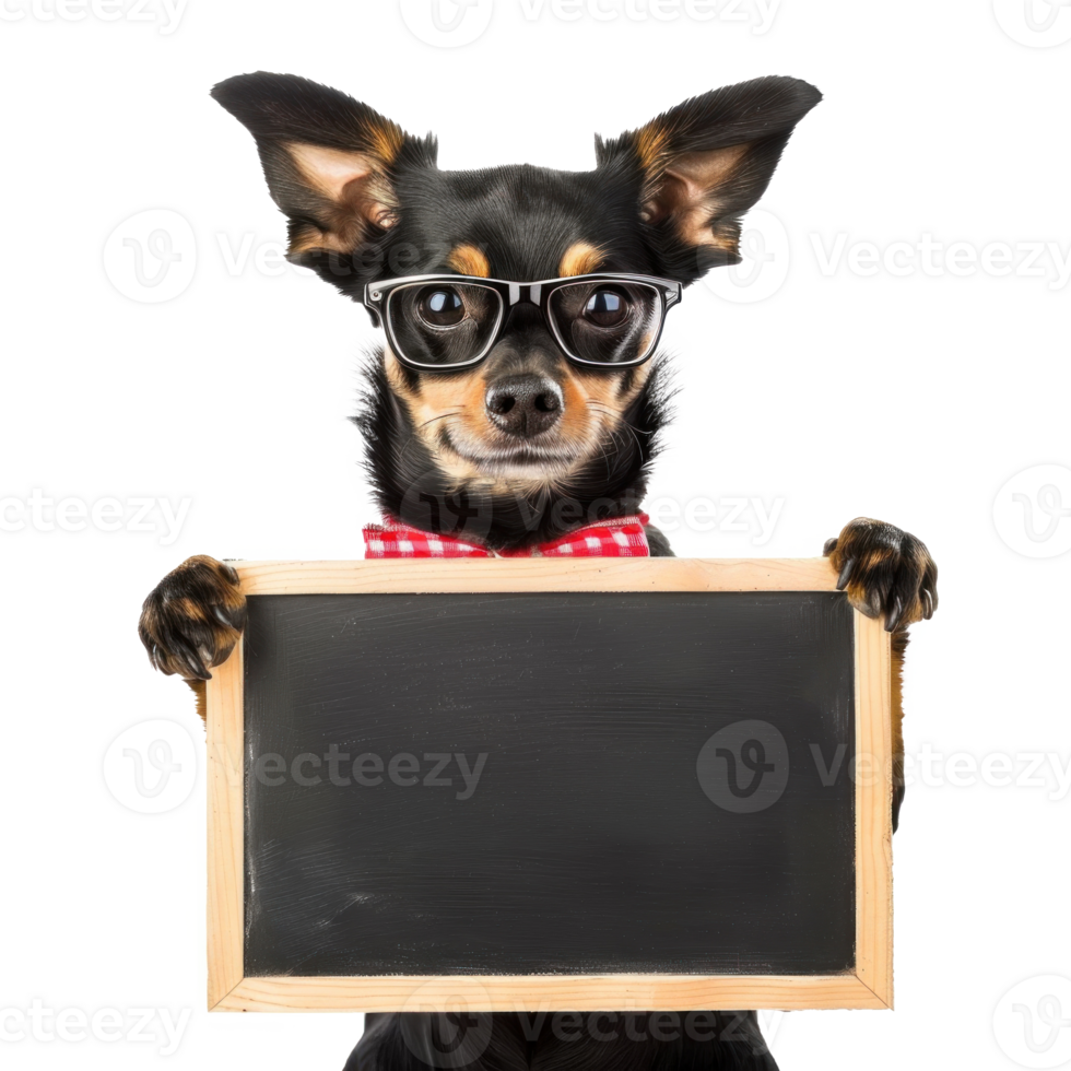 Dog wearing glasses holding chalkboard stannding full body isolate on white background png