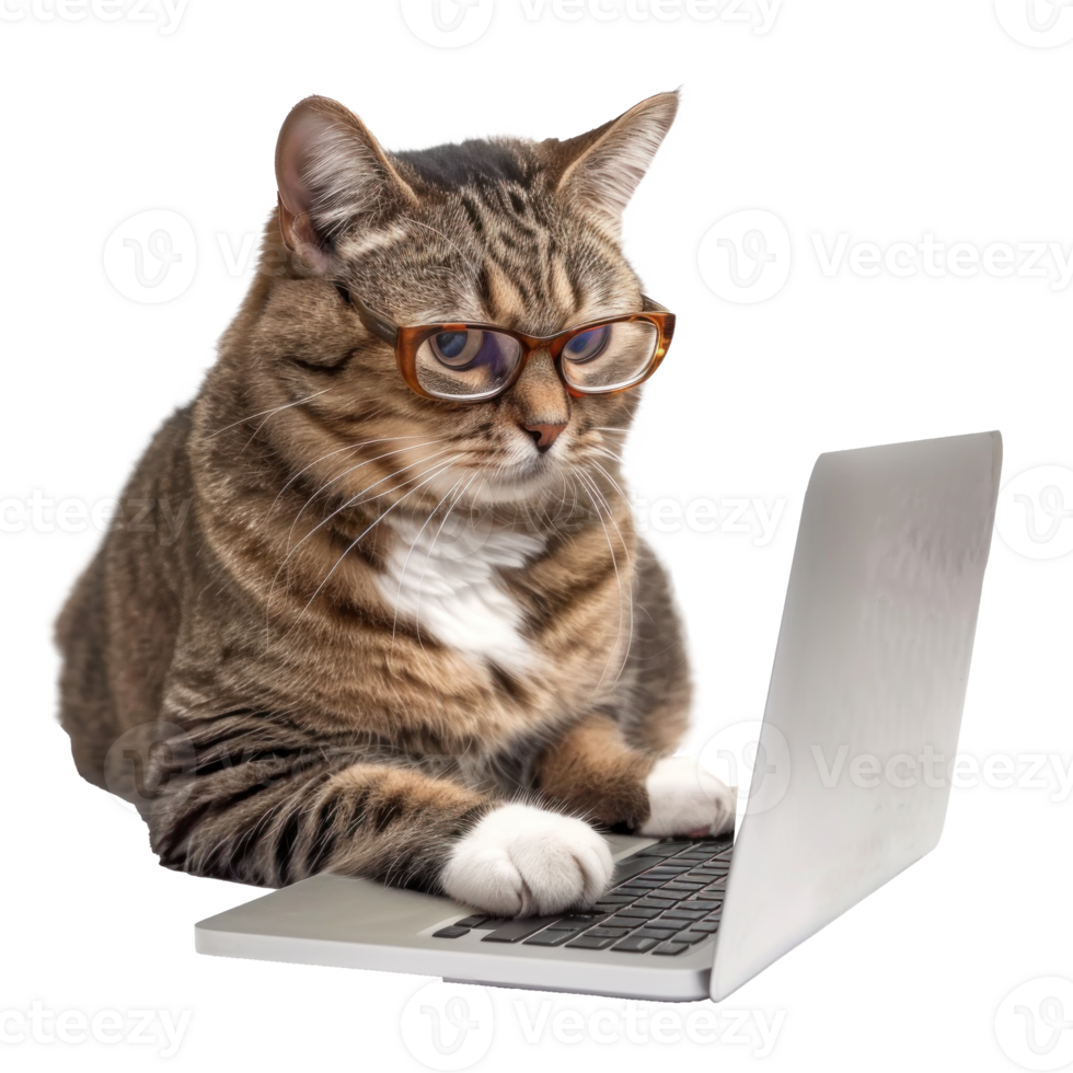 cat wearing glasses using laptop isolate on white background png