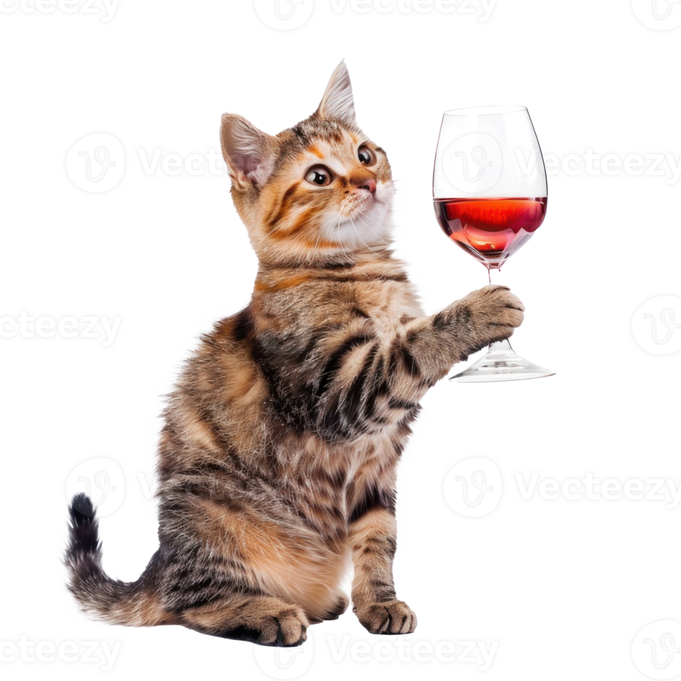 Cat holding wine glass, full body standing isolate on white background, png