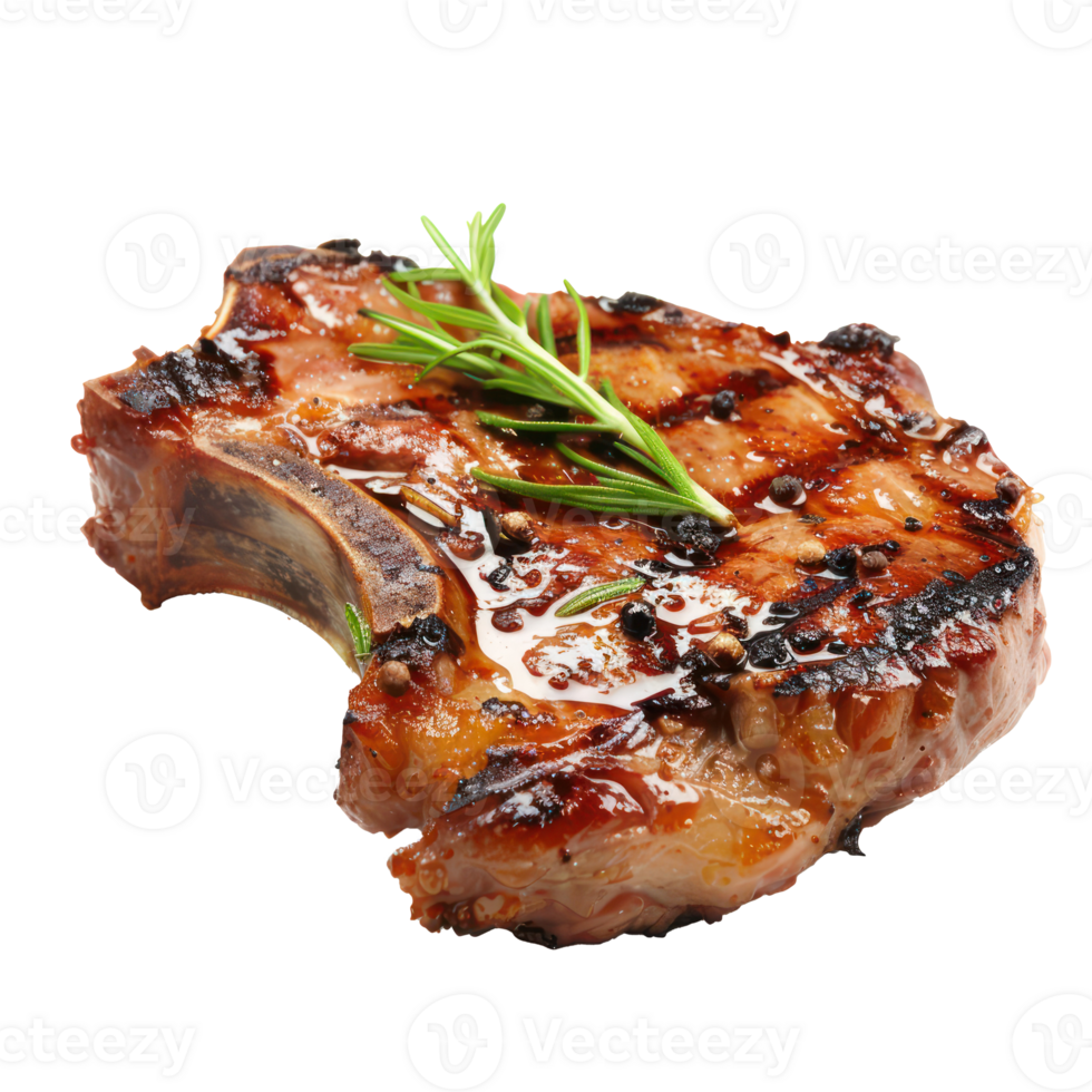 grilled pork chops with rosemary sprigs on a white background png