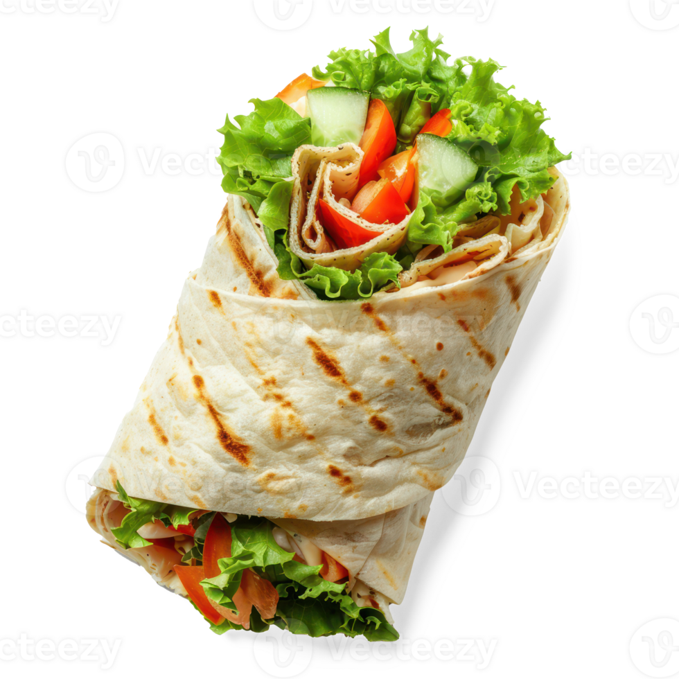 burrito wrap with lettuce, tomatoes and cucumbers on a white background png
