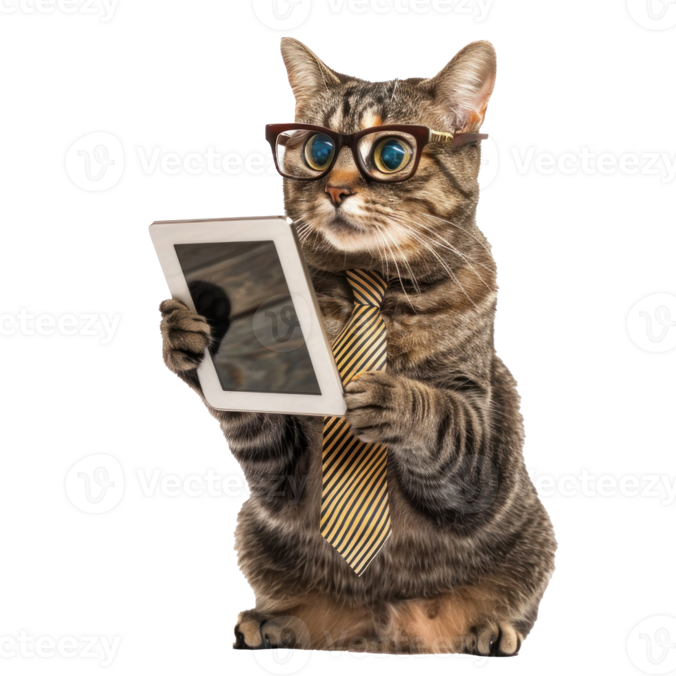 cat wearing glasses and tie using tablet, full body standing isolate on white background png