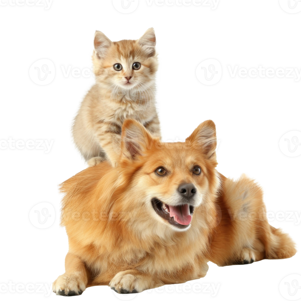 Smiling Small cat sitting on the dog, full body isolate on white background png