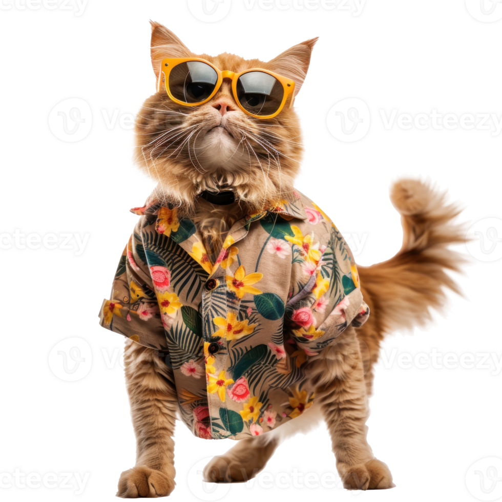 Cat wearing summer shirt and sunglasses, full body standing isolate on white background png