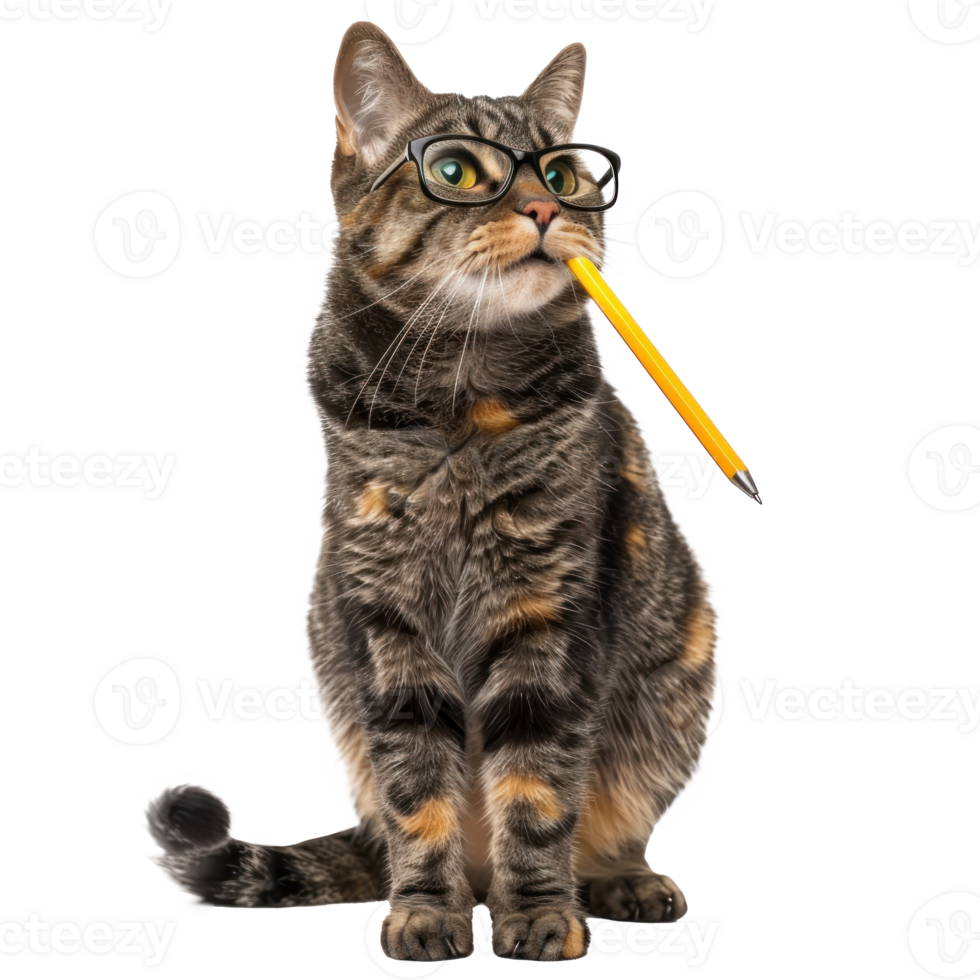Cat wearing glasses with pen in his mouth, full body standing isolate on white background png