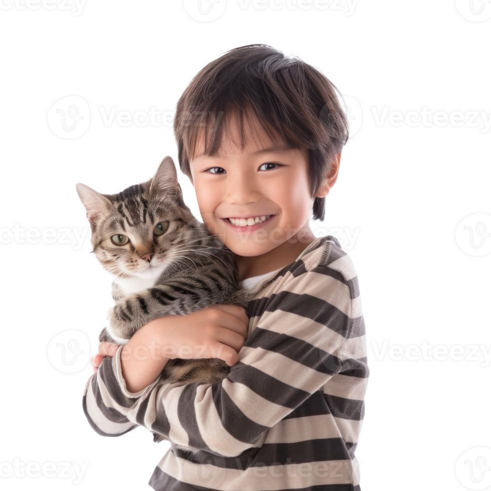 Smiling Little boy holding a Cat full body isolate on white background png