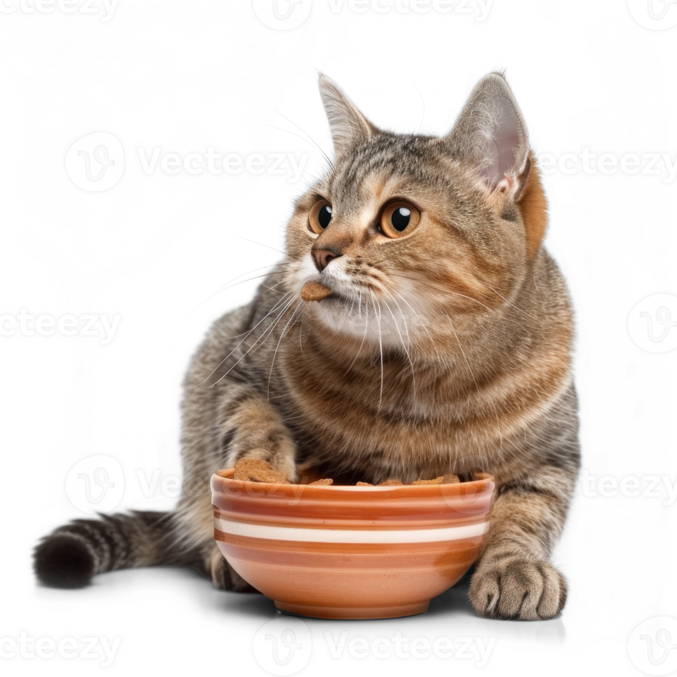 Cat holding food bowl with his mouth, full body isolate on white background png