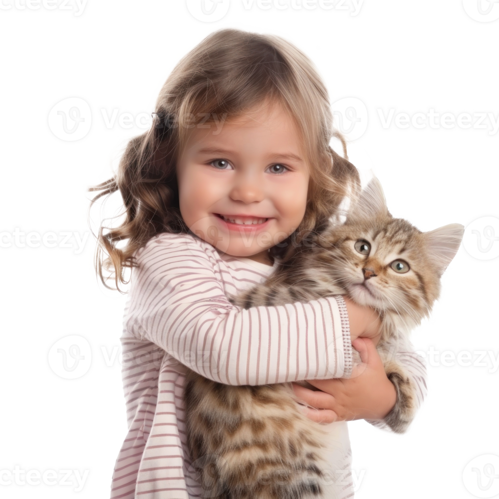 Smiling Little girl holding a Cat full body isolate on white background png