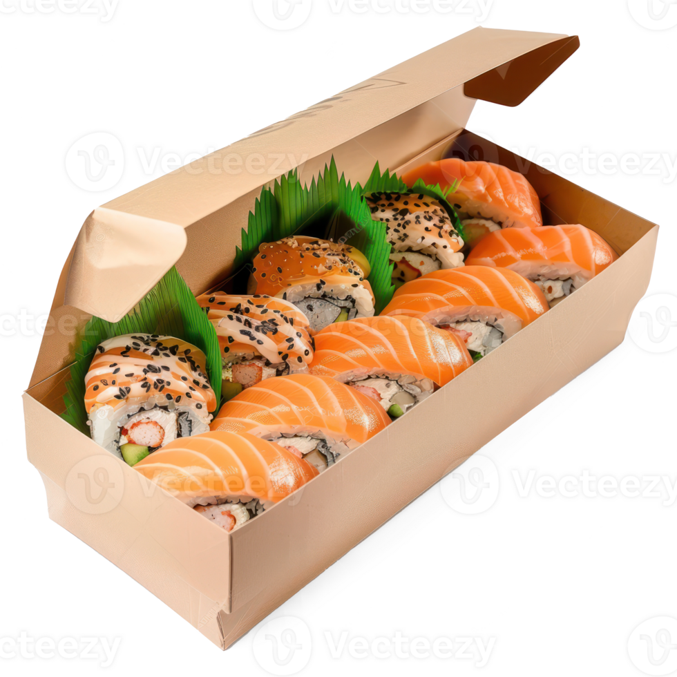 sushi in a cardboard box on a white background png