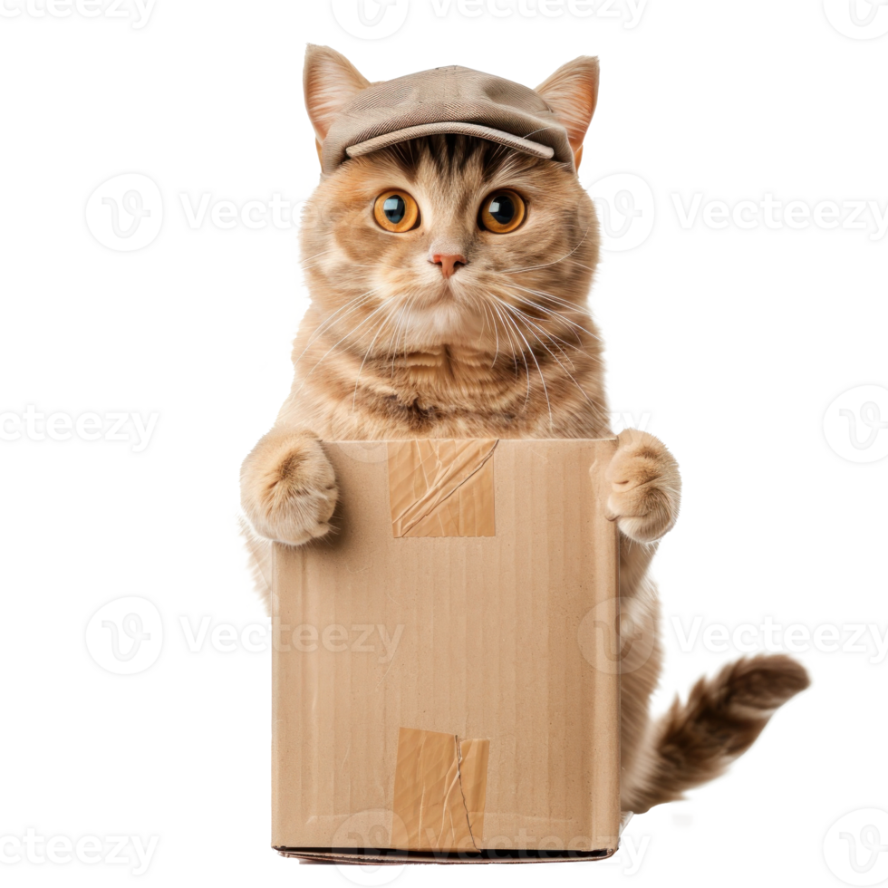 Delivery post cat wearing cap holding cardboard box, full body standing isolate on white background png