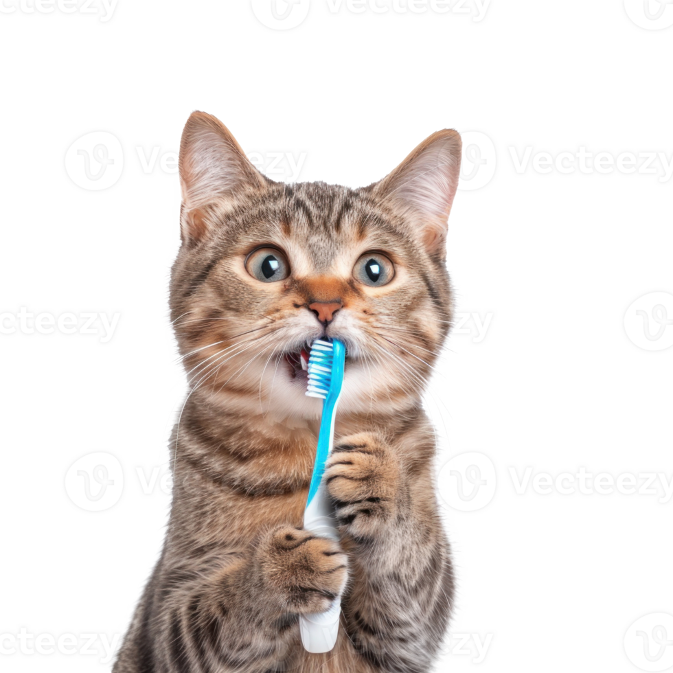 Cat holding toothbrush with his mouth isolate on white background, png