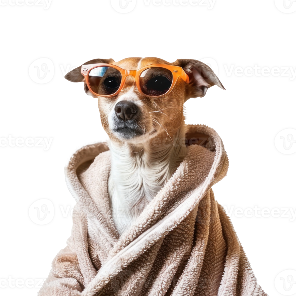 Dog relax and wearing a bathrobe and funny sunglasses isolate on white background png