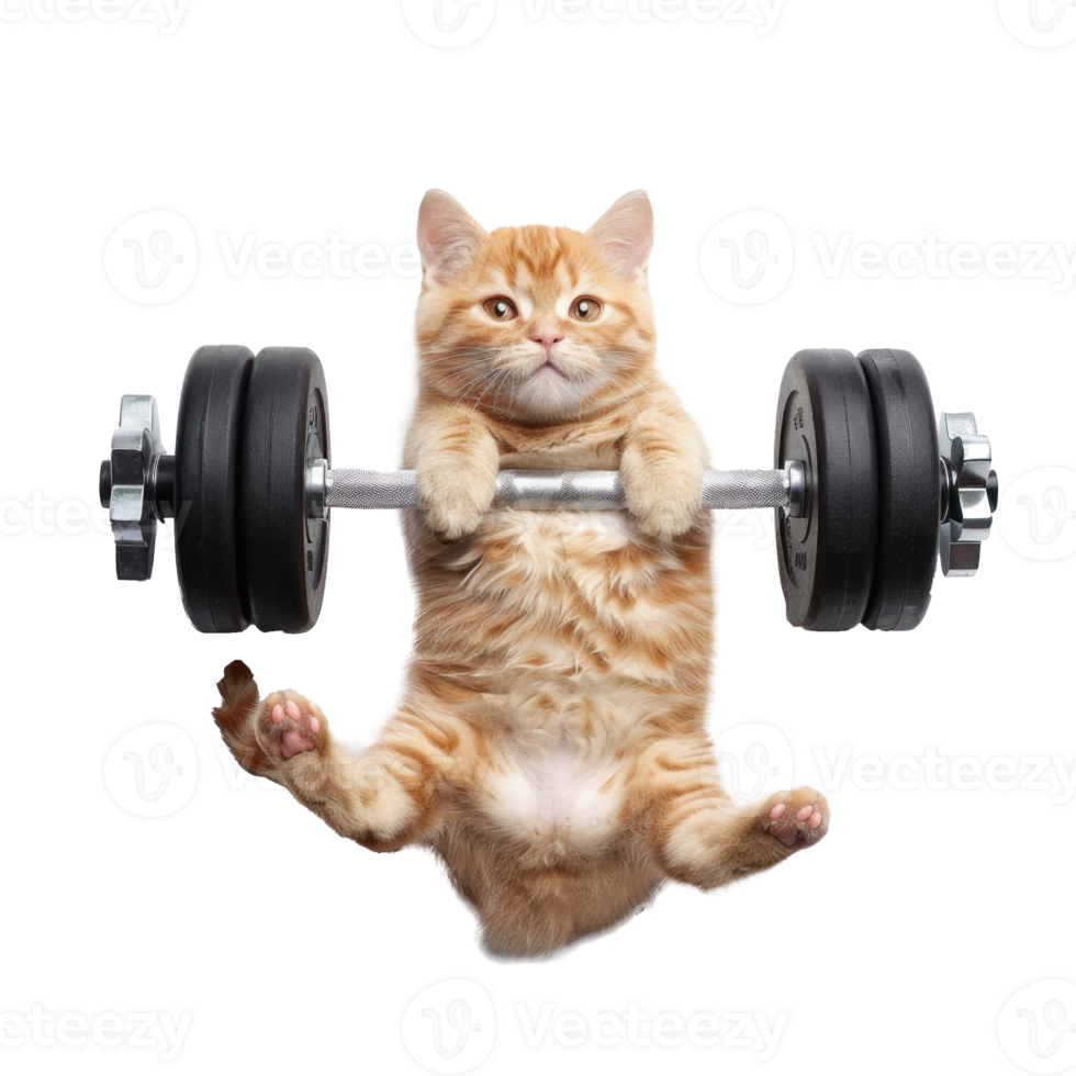 cat doing and exercising sport with Dumbbell bar, top view full body isolate on white background png