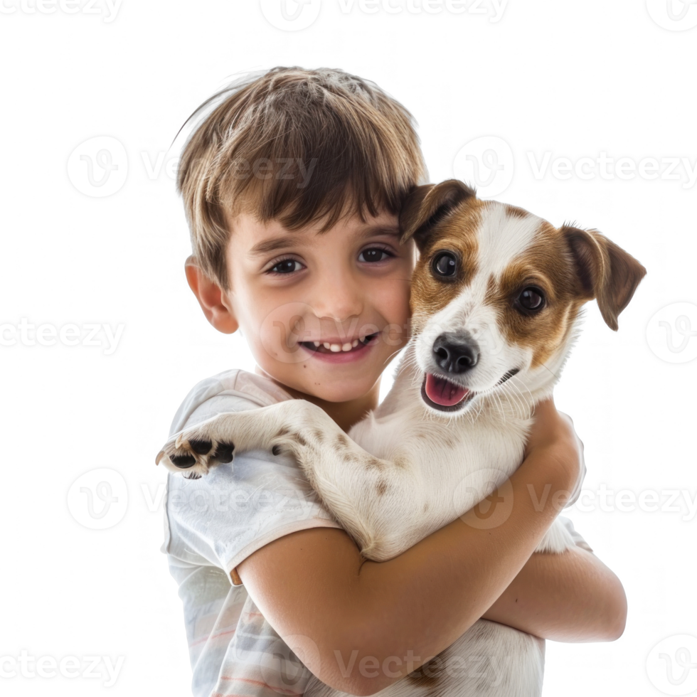 Smiling Little boy holding a Dog isolate on white background png