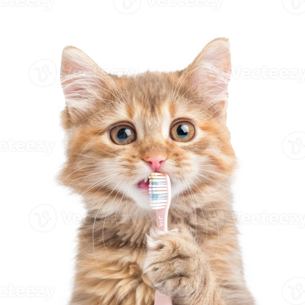 Cat holding toothbrush with his mouth isolate on white background png