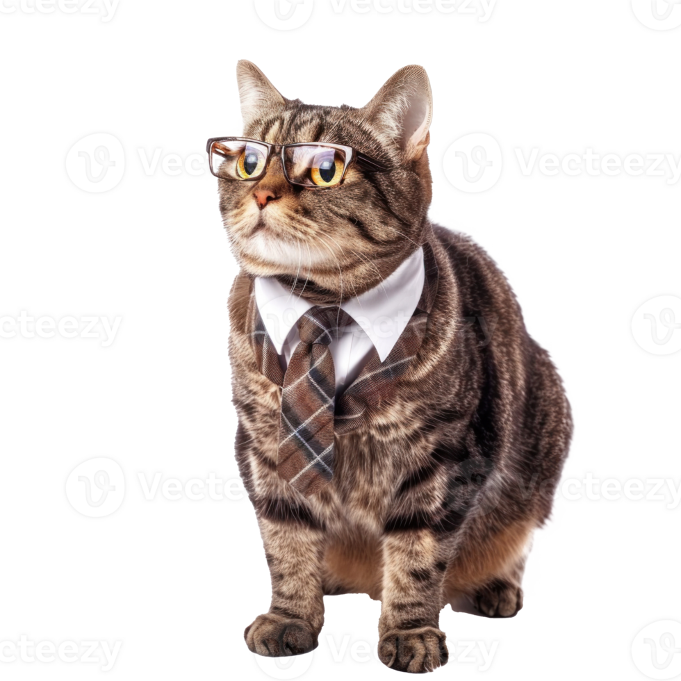 cat wearing glasses and tie, full body standing isolate on white background, png