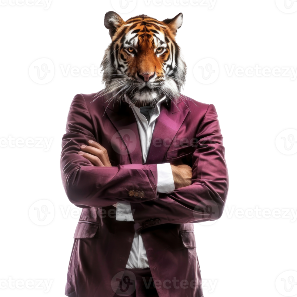 Royal tiger wearing suit and pants standing full body armcross isolate on white backgroun png