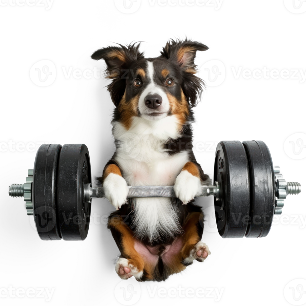 dog doing and exercising sport with Dumbbell bar, top view full body isolate on white background png