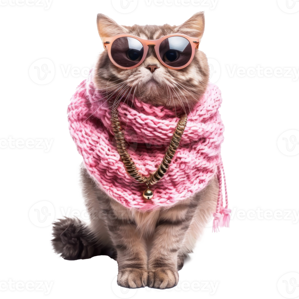 Fashion female cat wearing scarf and necklace with sunglasses, full body standing isolate on white background png