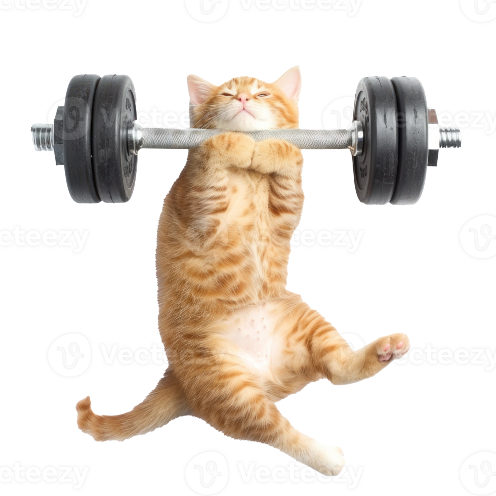 cat doing and exercising sport with Dumbbell bar, top view full body isolate on white background png